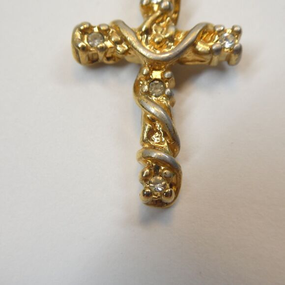 Textured Cross Pendant Ornate Crucifix Charm w/ Clear Stones Vintage - Picture 3 of 10